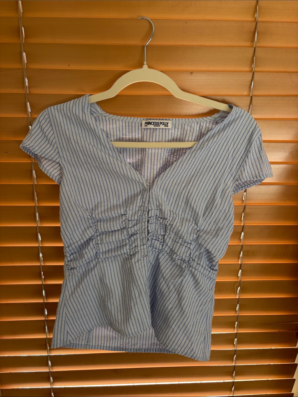 Princess Polly Blue & White Striped V-Neck Ruched Front Top